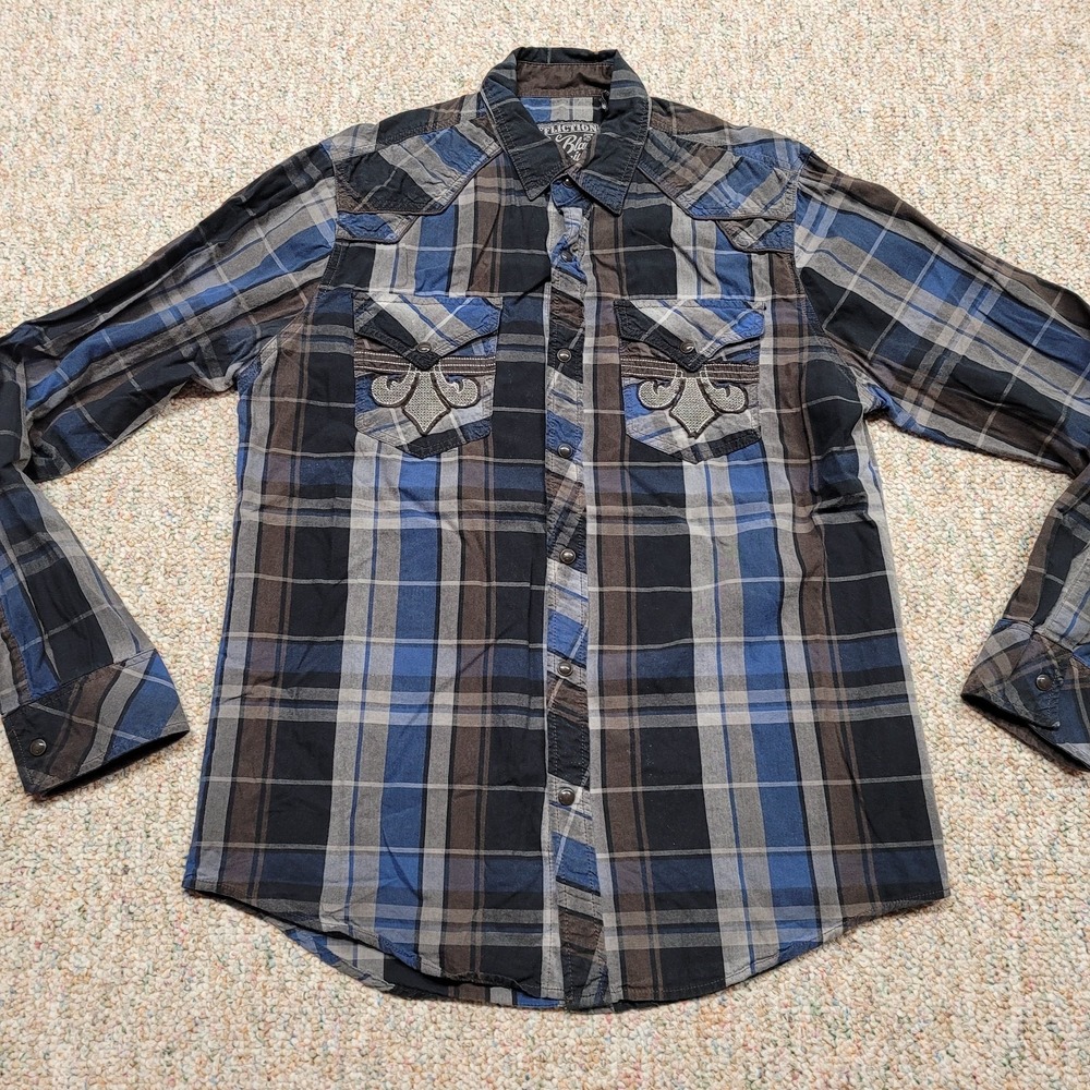 Affliction Shirt Men Medium Blue Grey Plaid Pearl Snap Button‎ Up Grunge Biker